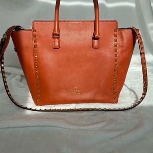 Valentino Vitello Orange Rockstud Double Handle Tote Orange Shoulder Bag